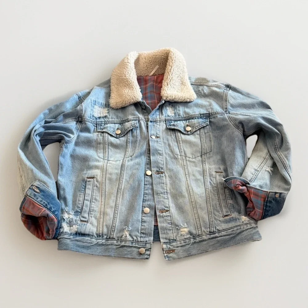 Free People Sherpa Denim Jacket Plaid Lined Distressed Boho Medium - Picture 5 of 10